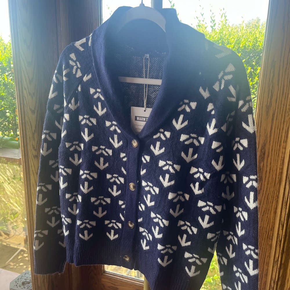 Anthropologie Inspired Navy Blue and White Knit Cardigan Size Medium (fits 8-10) - Picture 6 of 10